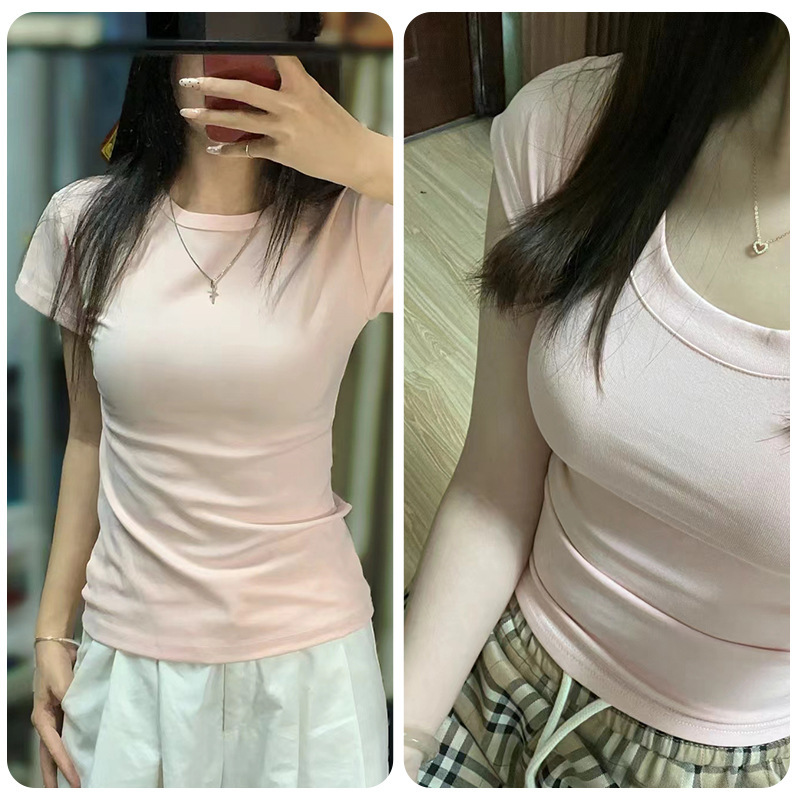 酒红色正肩女恤领短袖收腰短上衣掐腰黑色微胖修身显瘦辣妹夏季|undefined