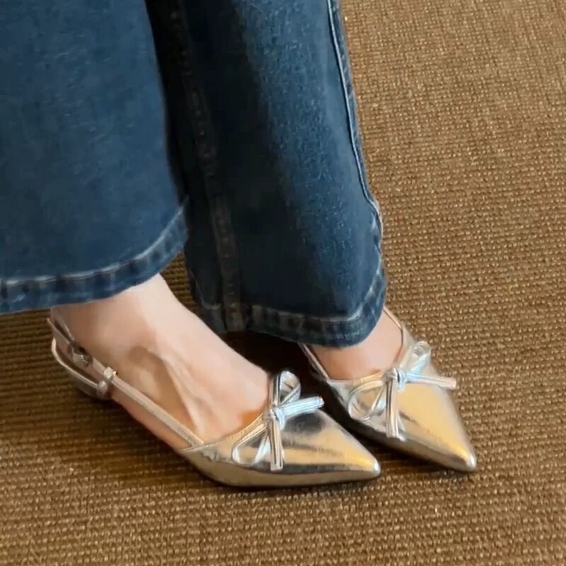 French-Style Flat Shallow-Mouthed Single Shoes for Women, 2026 Spring/Summer New Model, Bowknot Chunky Heel, Single Strap Closed-Toe Sandals for Women