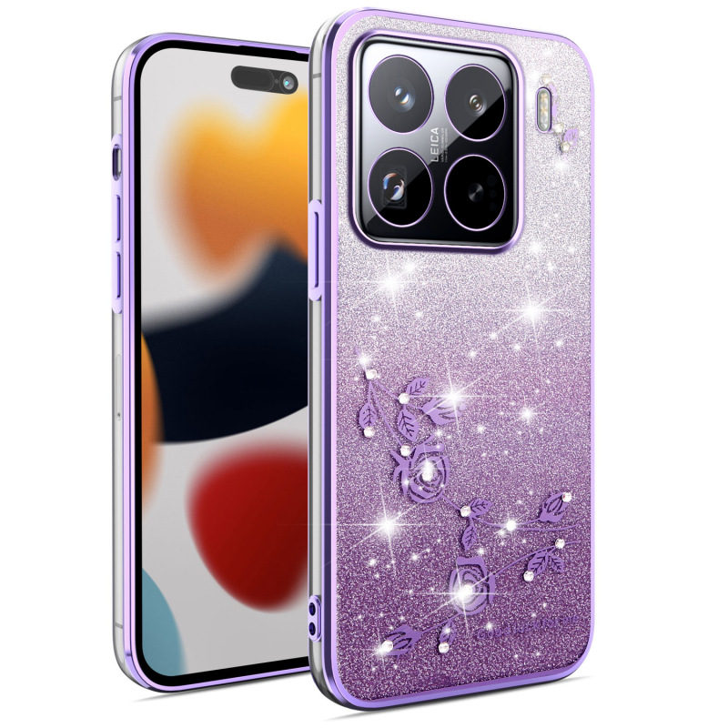 Xiaomi 15T、月季の花柄スマホケース、Redmi K80、ラインストーンメッキ、turbo4、グリッター保護ケース、Redmi A5に適用|undefined