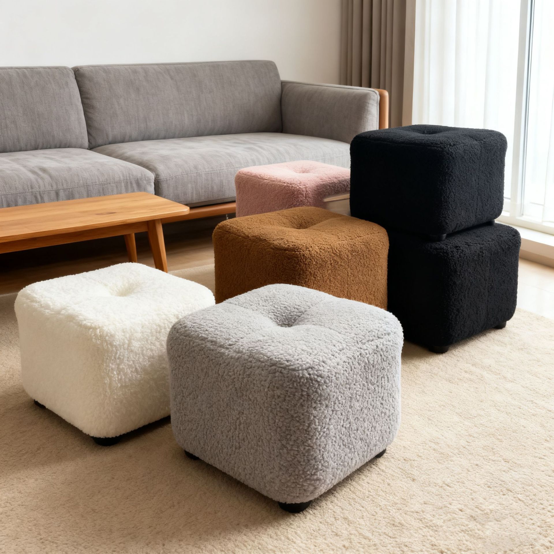 Lamb Wool Stool, Home Low Stool, Solid Wood Shoe-Changing Stool, Living Room Sofa Stool, Creative Stool, Children's Stool, Soft Stool