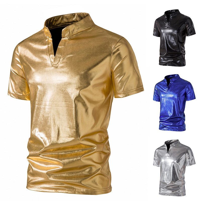 Men's youth jazz dance tops music production performancem silver gold blue  glitter t shirts for man glossy POLO men fashion T-shirt nightclub clubwear 