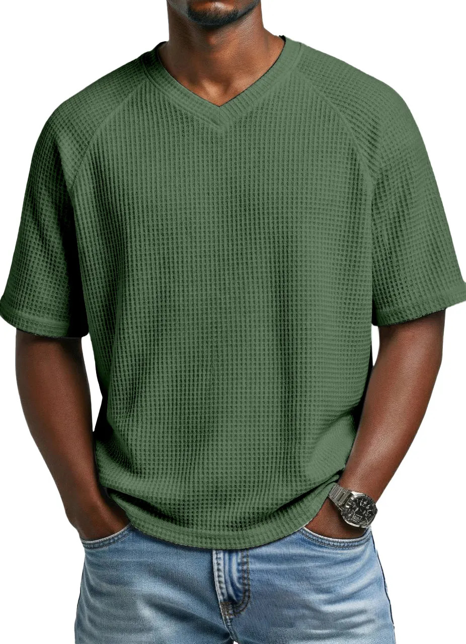2026 Europa y América primavera y verano estación independiente transfronteriza hombre moda waffle de punto mangas de hombro de cuello en V camiseta de hombre de mangas cortas