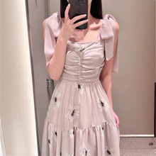 【黛珊】2025春夏日系甜美印花清爽拼接蝴蝶结肩带收腰连衣裙