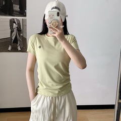 素然风女士短袖25夏季新款圆领拾褶印花正肩舒适透气显瘦修身T恤
