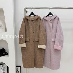 韩系连帽两面可穿双面羊毛大衣宽松慵懒苹果型长款秋冬外套女