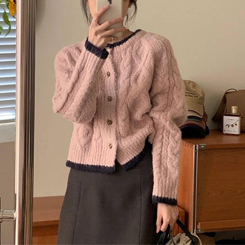 外贸麻花圆领针织开衫女装秋冬季新款毛衣百搭长袖外套短款小个子