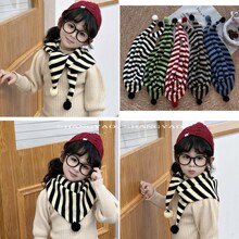儿童围巾可爱毛球针织条纹围巾男女宝宝条纹三角巾装饰保暖披肩潮