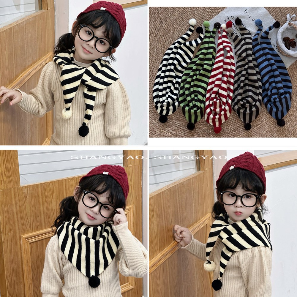 儿童围巾可爱毛球针织条纹围巾男女宝宝条纹三角巾装饰保暖披肩潮