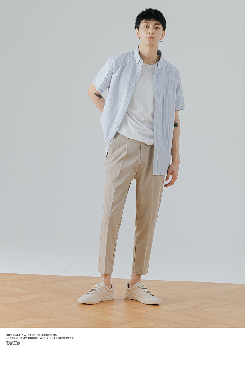 Áo sơ mi nam Oxford sọc dọc tay ngắn phong cách công sở — Phiên bản vừa vặn sọc xám ngắn tay chi tiết 17
