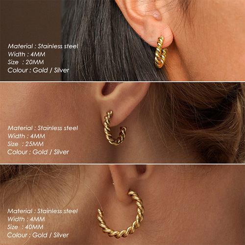 eManco European and American stainless steel earrings, gold-plated C-shaped twist earrings, women's personalized trendy earrings and earrings