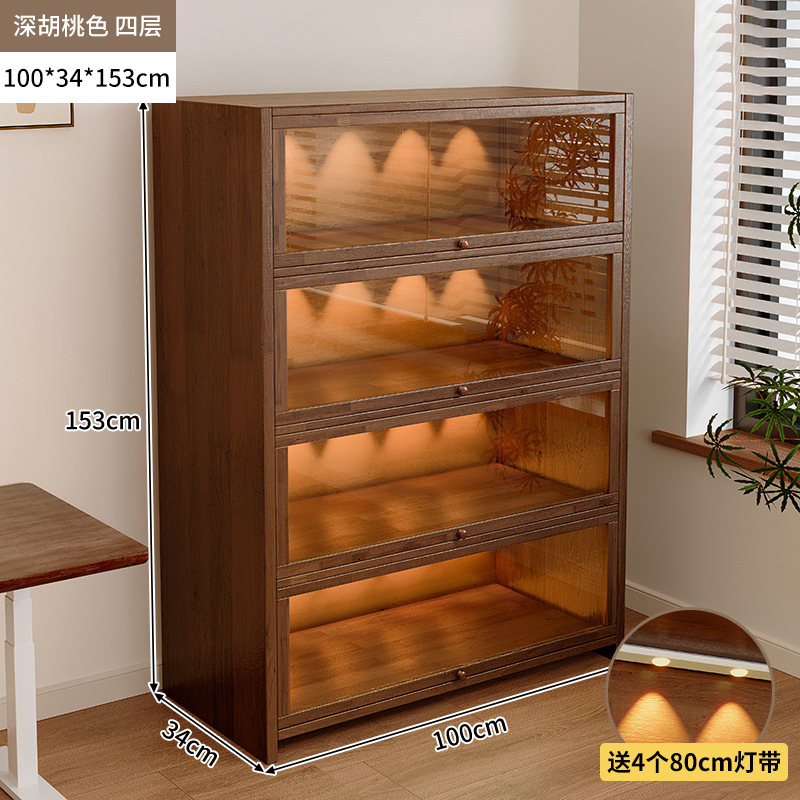 Librería de madera maciza a prueba de polvo integrada contra la pared Armario de almacenamiento de color nogal Armario de almacenamiento Armario de piso Estantería para el hogar