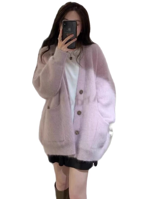 水貂绒毛衣外套女日系复古开衫秋冬新款慵懒风宽松针织衫外穿上衣|undefined