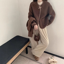 2025秋冬新款小香风双面羊毛大衣女装圆领条纹装饰边短款毛呢外套