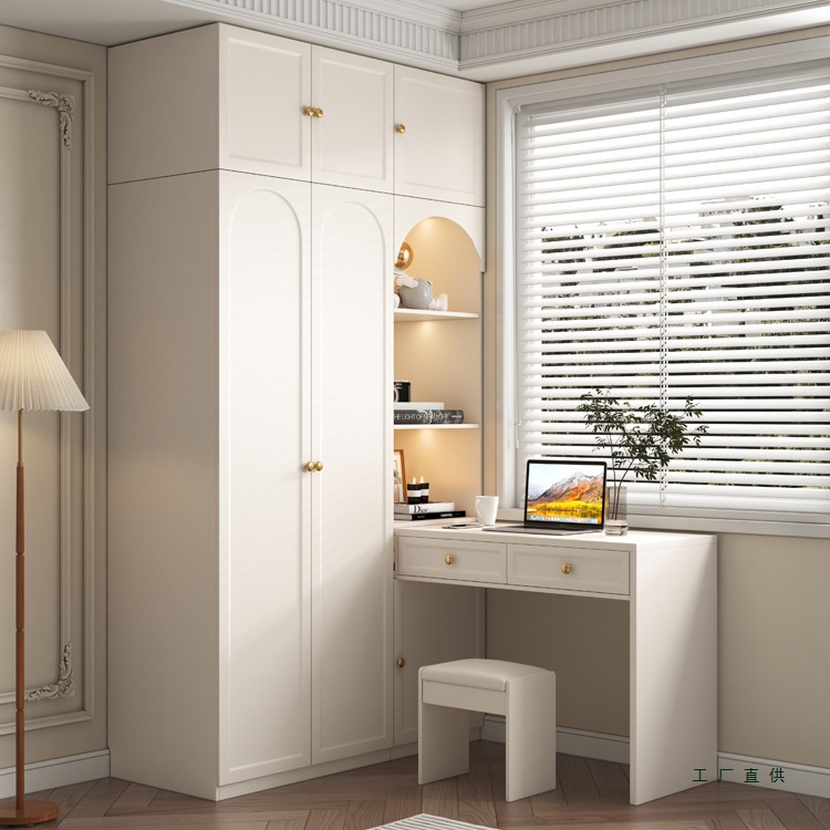 法式奶油风转角书桌衣柜一体组合小户型家用卧室储物柜成品收纳大