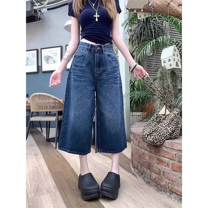 American High Street Style Washed Straight-Leg Cropped Jeans for Women, New Summer High-Waisted Loose Plus-Size Wide-Leg Denim Shorts