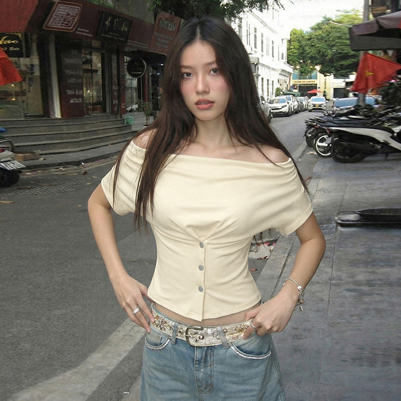 Maglietta da donna Niche con scollo ovale, vestibilità slim e maniche corte, nuova moda, top corto Hot Girl_voghion.com