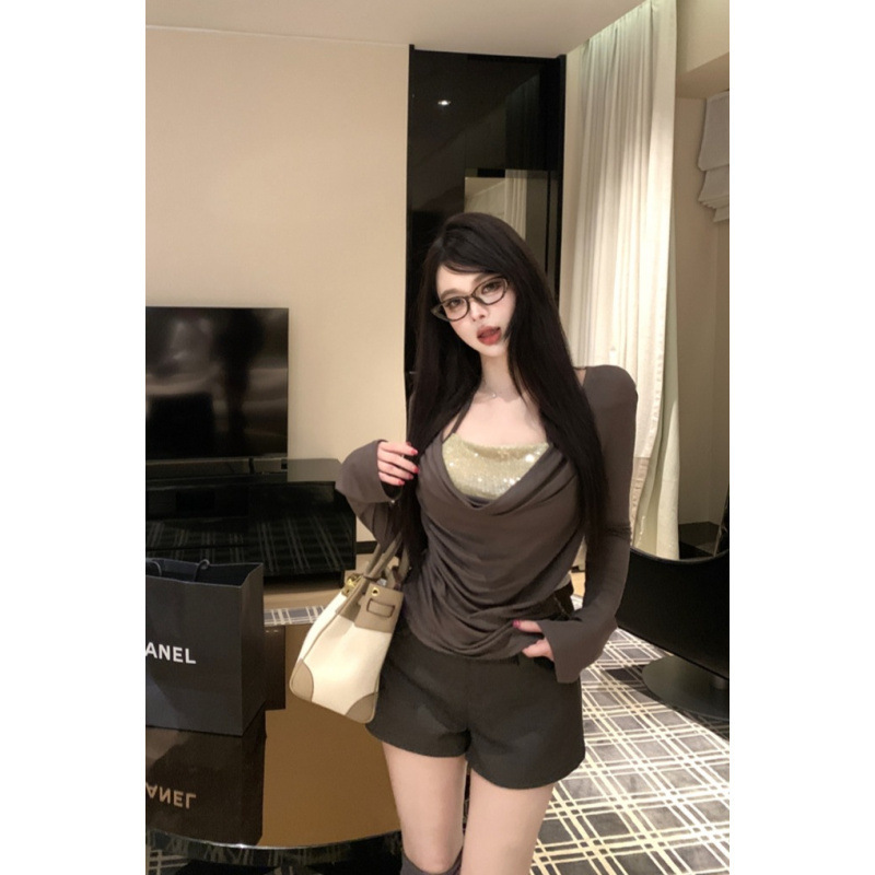 纯欲辣妹亮片挂脖假两件叠穿荡领喇叭袖修身显瘦打底衫T恤女上衣|undefined