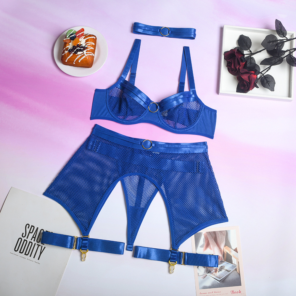 Hollow Metal Rings Stitching Solid Color Mesh See-Through Underwear Four-Piece Set NSMXF114546