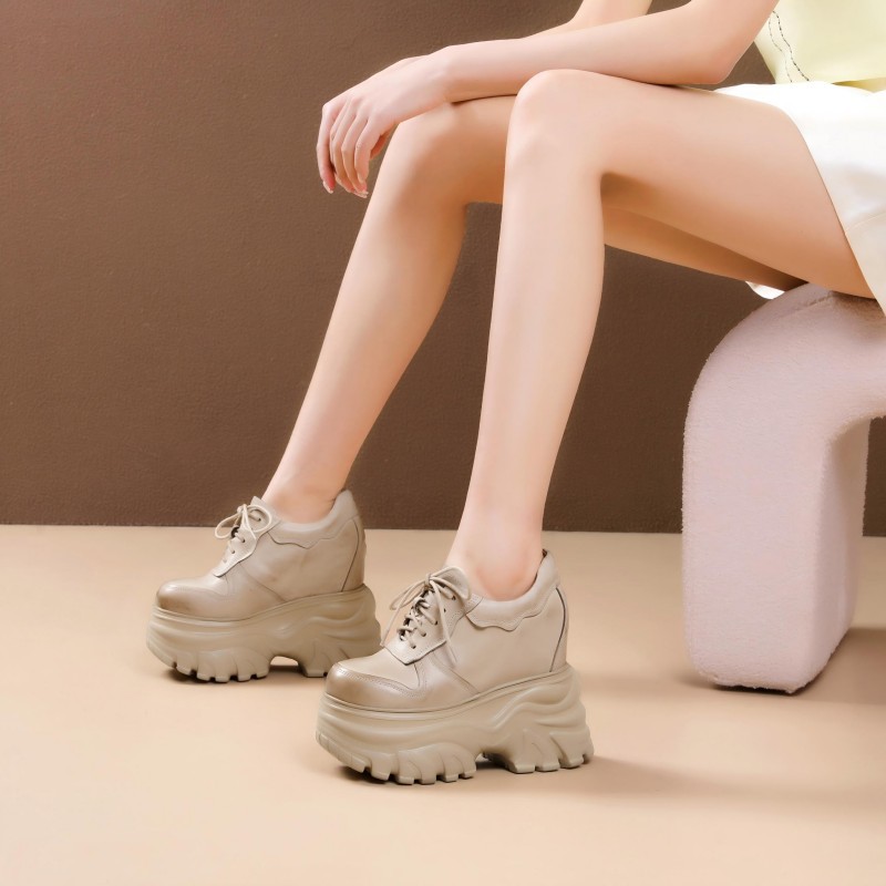 Giày thể thao nữ đế xuồng platform cao 14 cm, da thật, phong cách mới — màu nâu