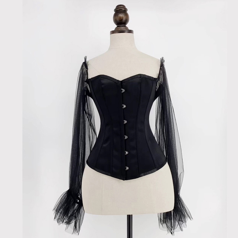 2208 Cross-Border European and American Foreign Trade Gothic Lolita Mesh Long-Sleeve Corset with Front Buttons and Back Lacing Satin Shapewear