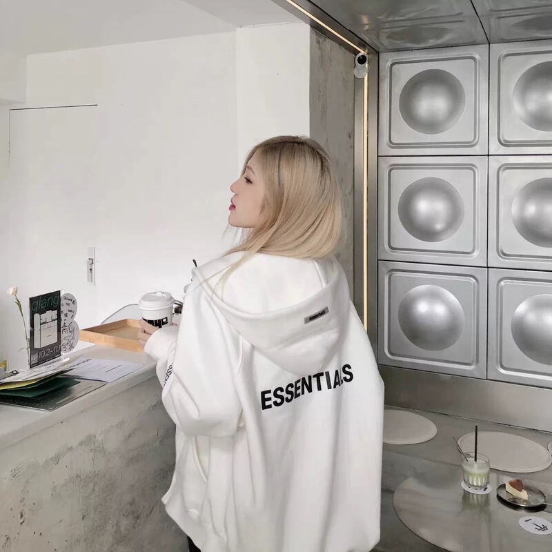 Essentials Double-Line Spring and Autumn Loose Cardigan Hooded Couple Zipper Sweatshirt for Women Insins Style