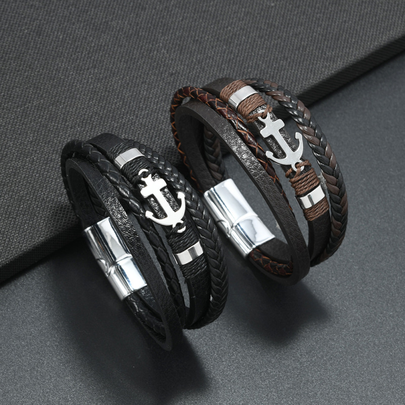 Cross-Border European and American Style Men's Braided Leather Rope Stainless Steel Anchor Bracelet with Magnetic Clasp Anchor Charm Trendy Versatile Bracelet Cross-Border European and American Style Men's Braided Leather Rope Stainless Steel Anchor Bracelet with Magnetic Clasp Anchor Charm Trendy Versatile Bracelet