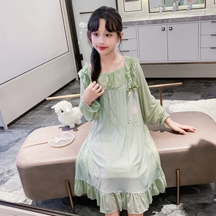 Girls' Thin National Style Nightgown 2025 Summer New Arrival Antique Chinese Style Pajamas Skirt Large Children's Mesh Home Clothes