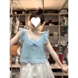 甜辣妹软萌设计感蝴蝶结小飞袖吊带背心夏季甜美减龄别致针织上衣