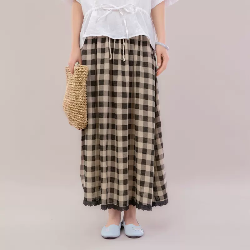 亚麻女装工厂100%亚麻文艺森系温柔风花边卡其色棉麻格子裙子