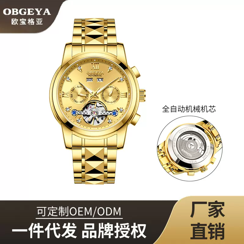 瑞士欧宝格亚男士手表机械表镂空新款男表全自动品牌商务手表批发