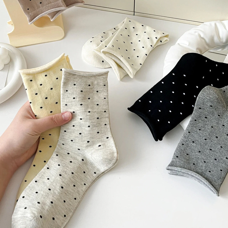 Curled Polka Dot Socks Women's Pure Cotton Mid-Calf Socks Spring and Autum Japanese Style Jk Pile Socks Students Summer Literary Confinement Socks