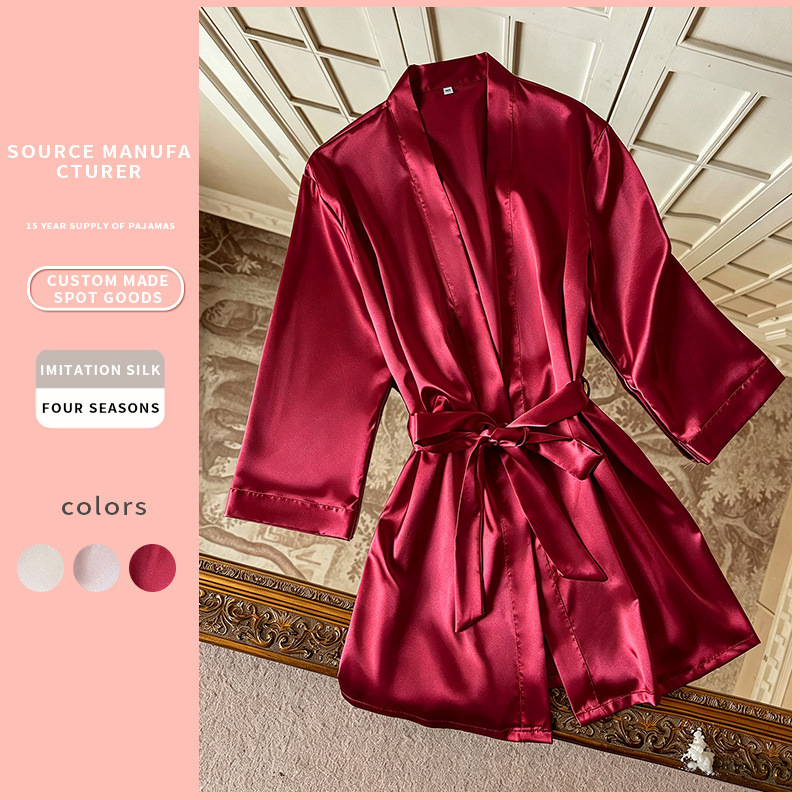 New Spring and Autumn Women's High-End Sleepwear, Ice Silk Pajamas, Tie-Up Bathrobe, Lightweight Home Wear, Cardigan Sleeprobe
