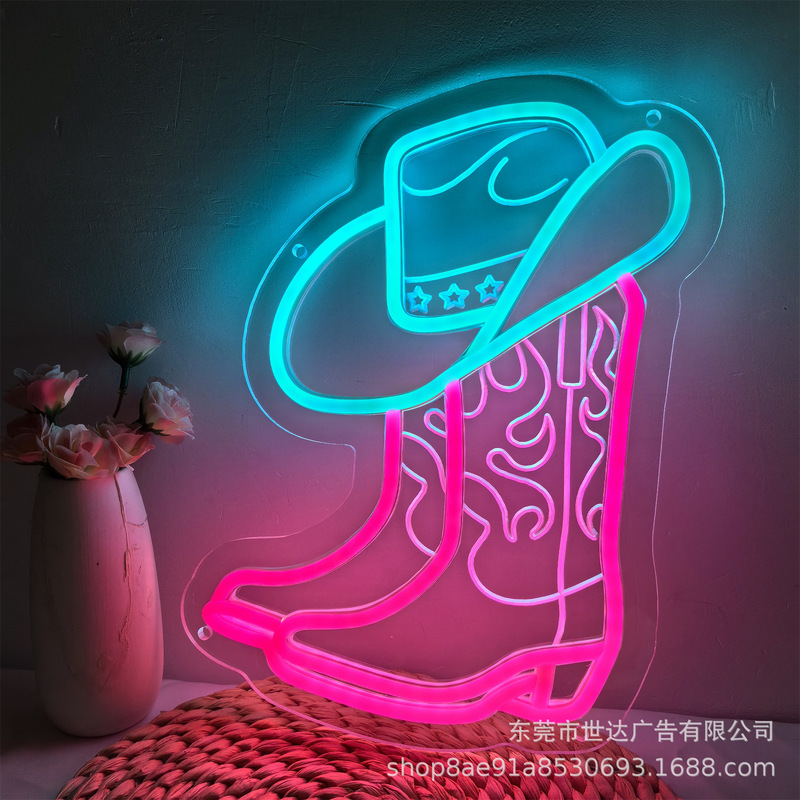 Cross-Border Amazon Hot-Selling Cowboy Boot Led Neon Billboard Room Atmosphere Light