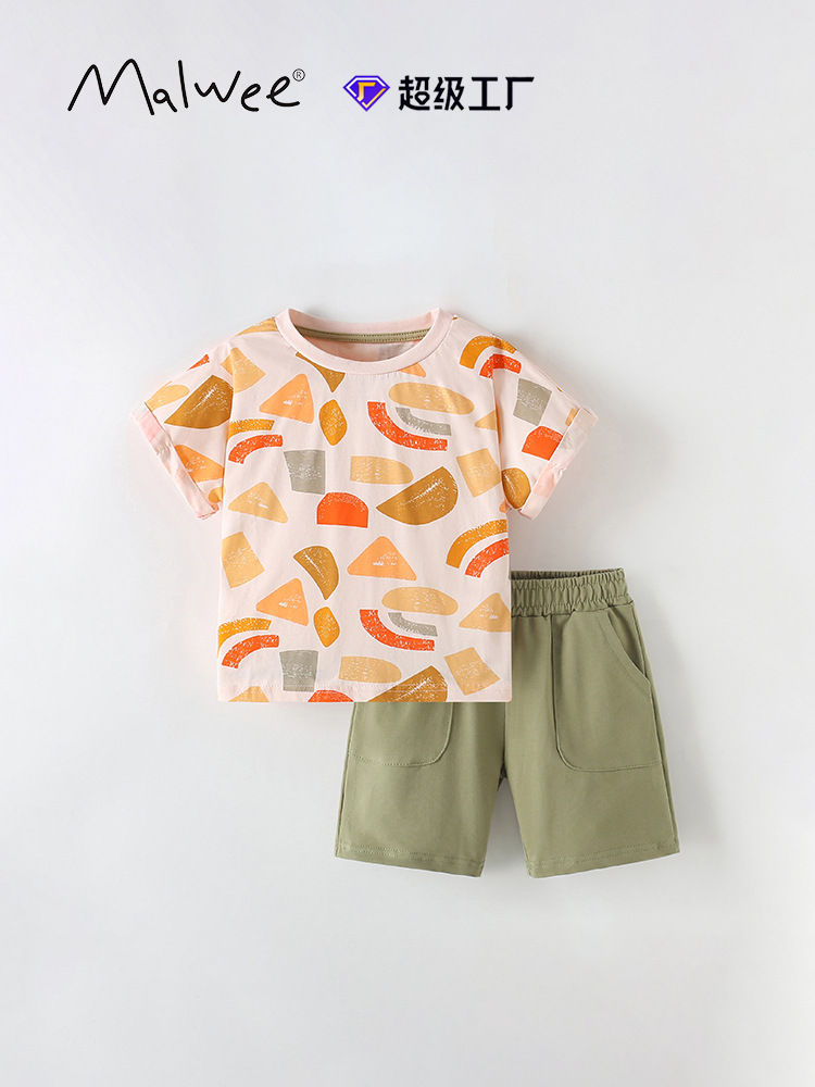 Traje de niño malwee transfronterizo verano nuevo estilo cuello redondo camiseta de manga corta traje casual de dos piezas para niños europeos y americanos
