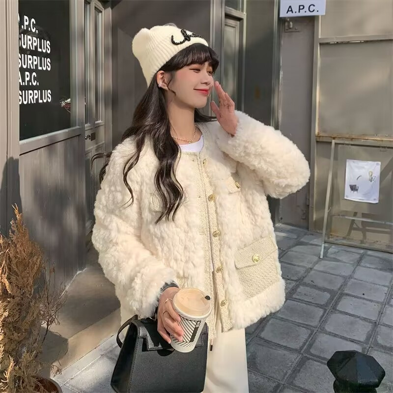 Thickened  style lamb wool coat for women 2023 autumn and winter all-matching new outdoor plush loose top ins fashion_voghion.com