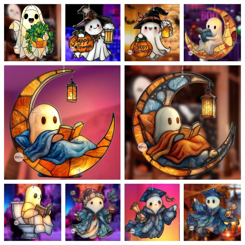 ハロウィン新月下の就寝前の読書リトルゴースト 2D フラットアクリルホリデー雰囲気装飾ペンダント|undefined