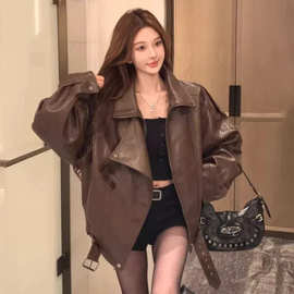 欧货复古拉链翻领皮衣外套女秋冬新款设计感pu夹克机车服上衣跨境