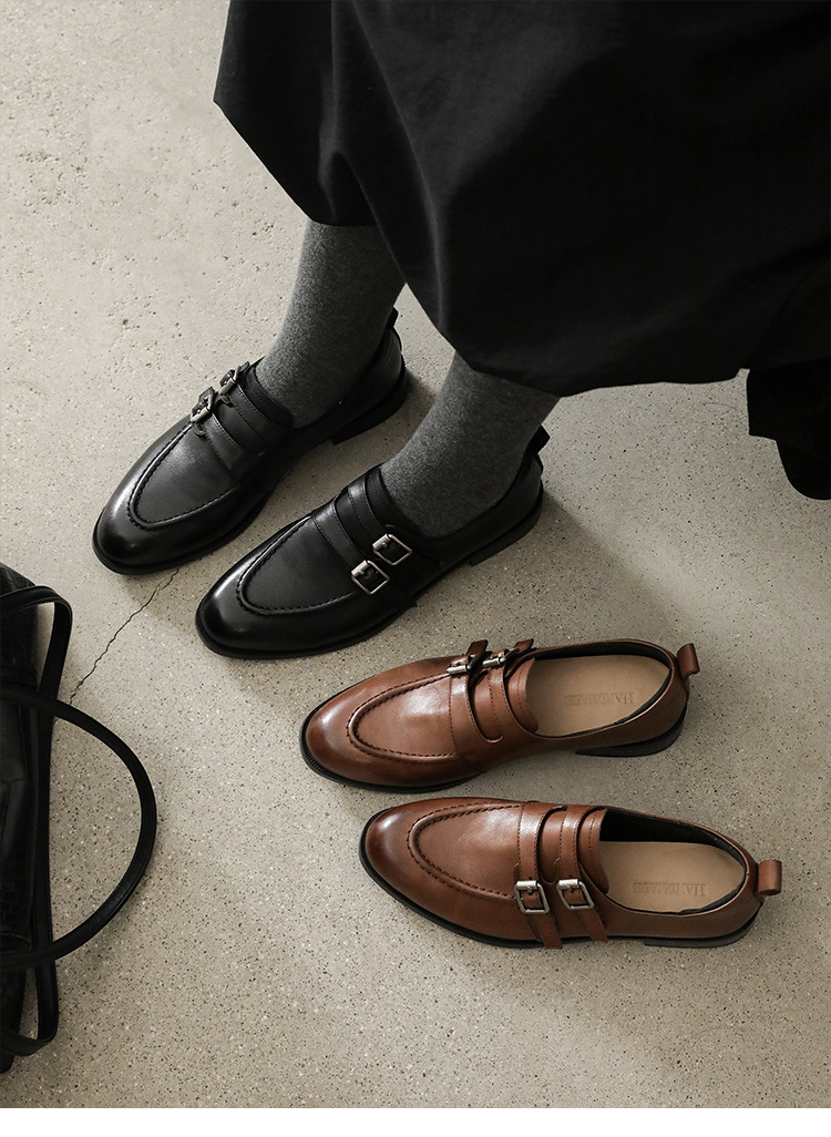 Giày da bò nữ mũi tròn bít kiểu loafer cổ điển màu nâu — màu nâu chi tiết 2