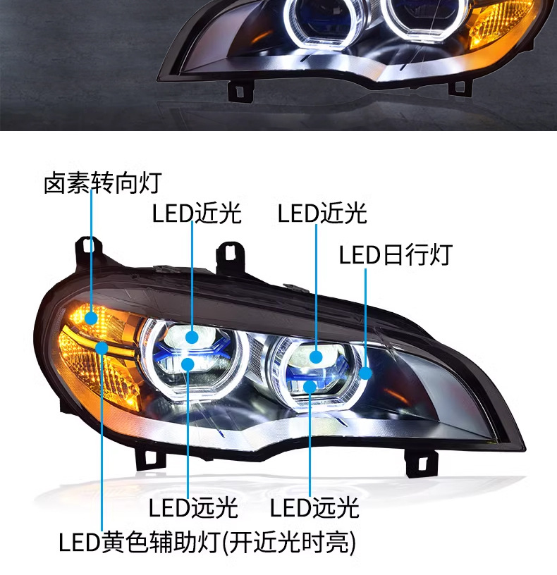 Suitable for 07-13 Old Bmw X5 Headlight Assembly E70 Modified New Angel Eye Led Daytime Running Lights