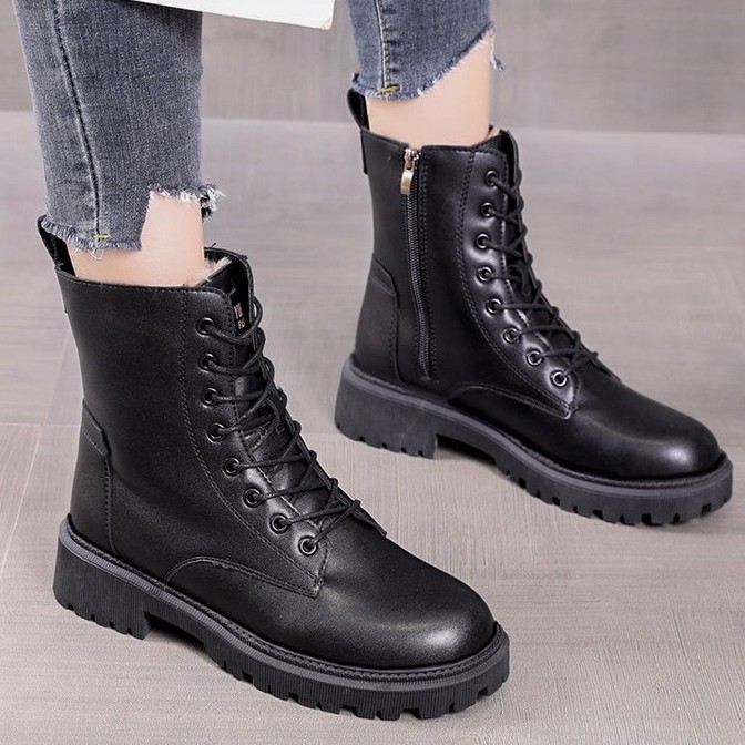 Boots British Style 2024 Autumn and Winter New Round Toe Short Boots for Female Students Thick Soles Fleece-Lined Thickeneding Ready-Made Women's Boots
