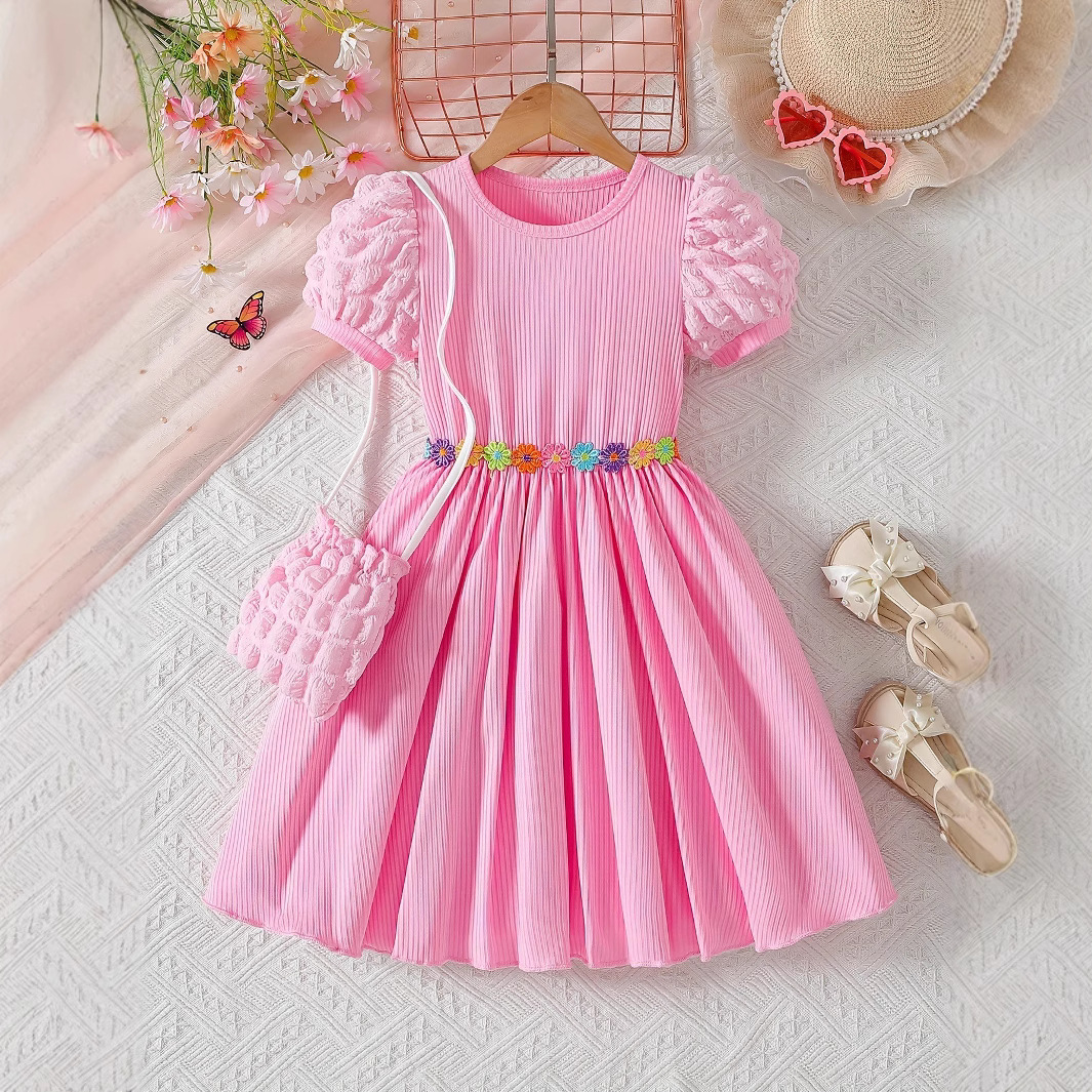 2025 New Summer Style Girls' Pink Cute Vertical Stripesd Puff Sleeve Dress with Floral Design at the Waist