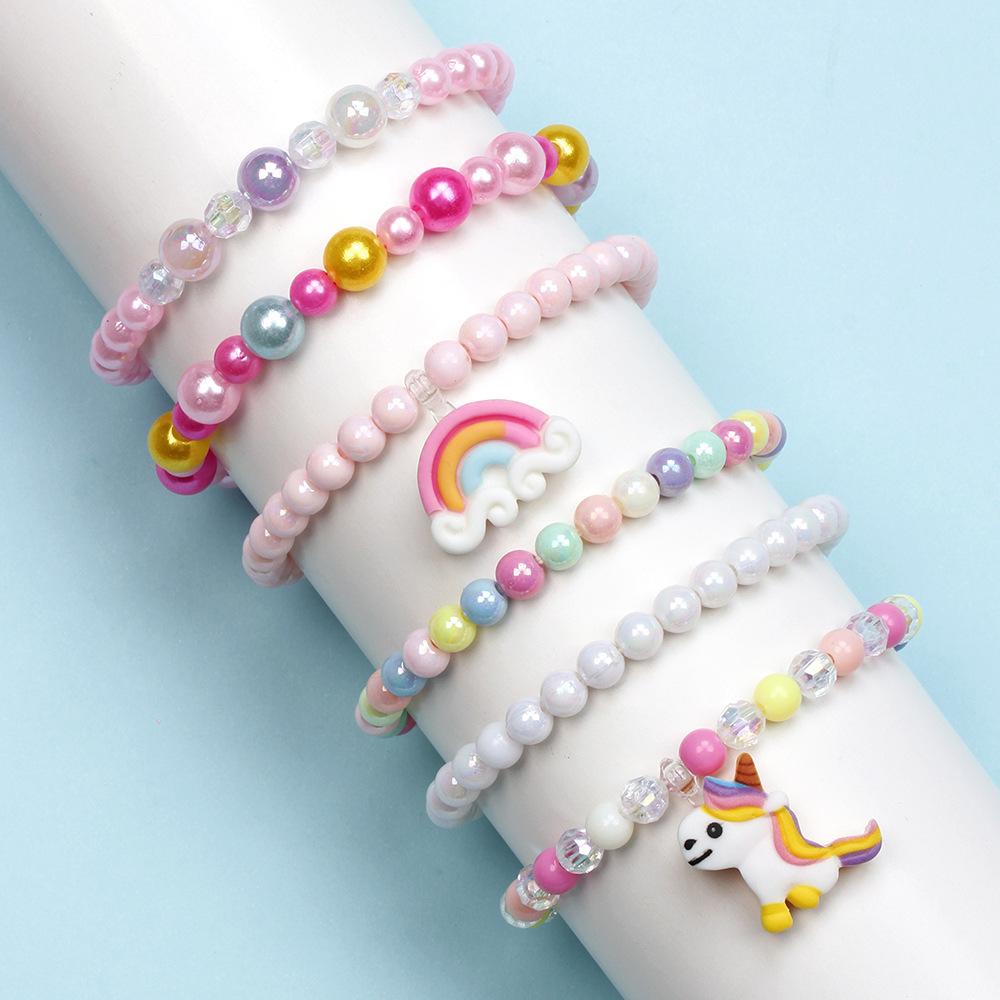 Cute Unicorn Cat Strawberry Plastic Beaded Bracelets 6 Pieces