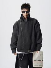 小众解构双层领斜拉链设计毛呢夹克男加大码痞帅呢子短款大衣外套