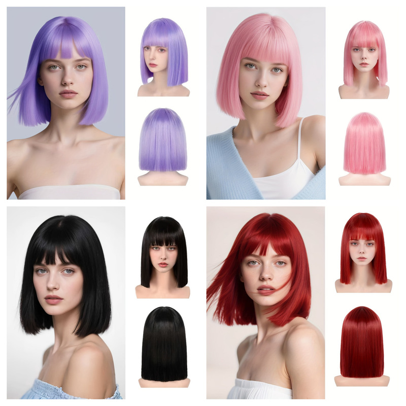 European and American Cross-Border Women's Wigs with Bangs, Bobo Hair, Short Hair, Dress-Up Wigs, Cross-Border New Styles in 4 Colors