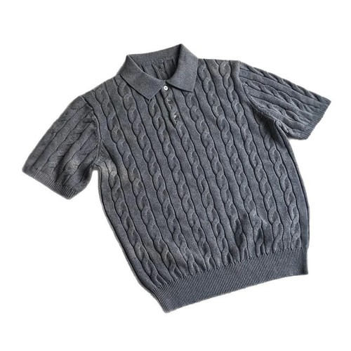 New Spring/Summer Polo-Neck Short-Sleeve Cable-Knit Sweater: Retro Textured, Lightly Matured Style in Sophisticated Black with Simple Ribbed Design