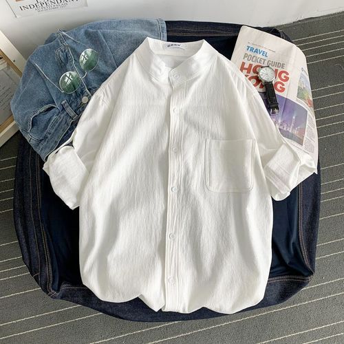 Summer New Men's Short Sleeve Shirt Jacket Korean Style Fashion Cotton Linen Seven-Sleeve Stand Collar Top Pure White Collared Shirt
