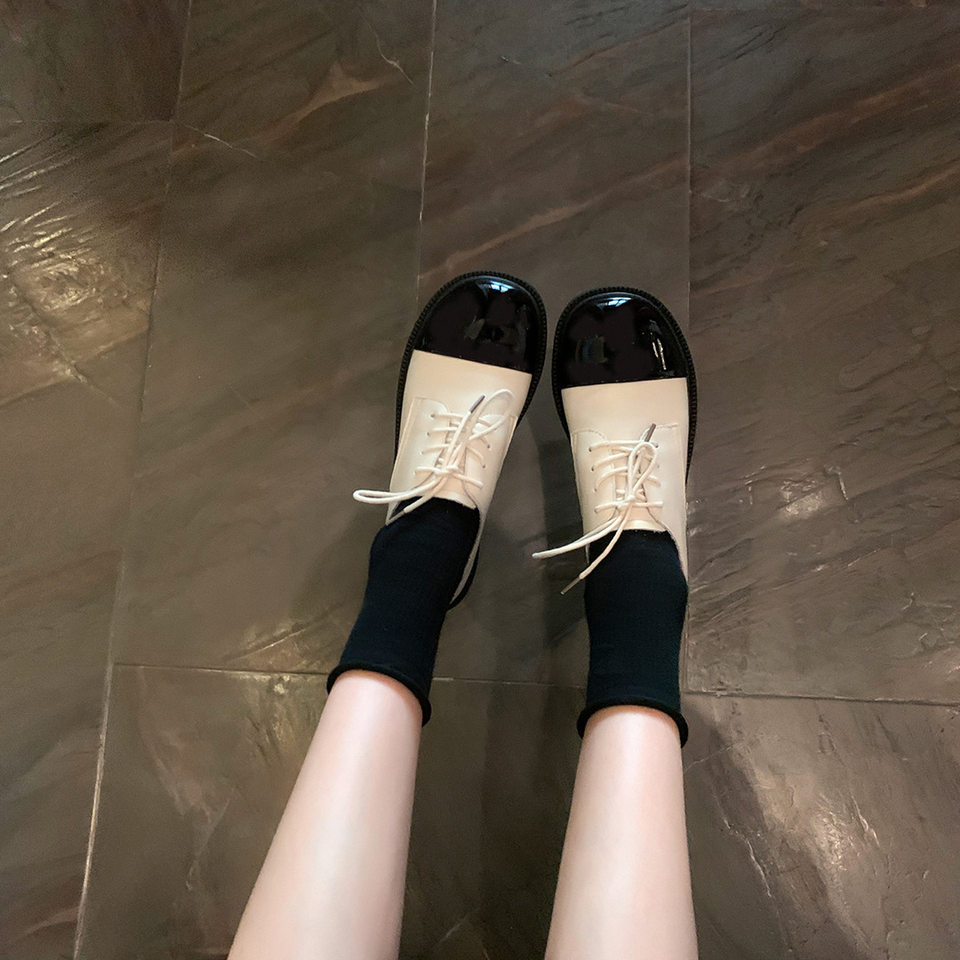 Giày lười nữ Mary Jane mũi tròn phối màu đế dày gót vuông 3–5 cm — Màu trắng, Màu đen