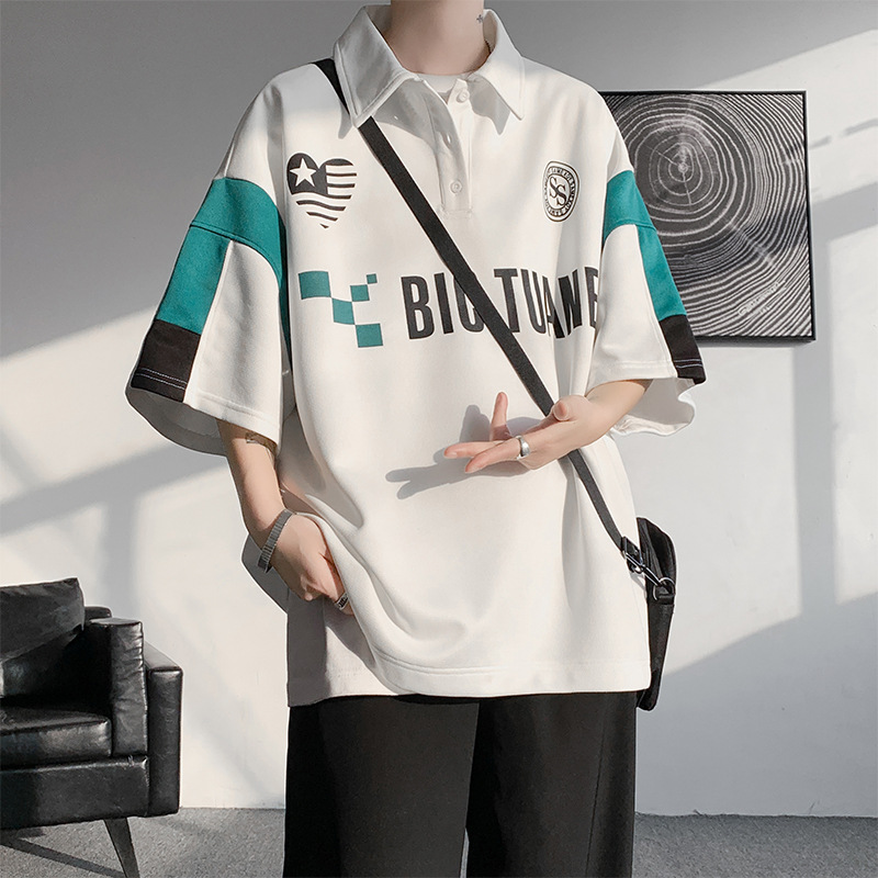Men's Polo Shirt Patchwork Quarter Sleeved Loose Oversized Top_voghion.com
