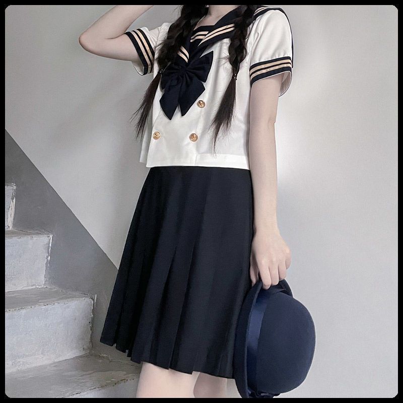 In-stock double-breasted JK uniform skirt, authentic sailor-style long-sleeved dress, spring/autumn Japanese college style basic long skirt set