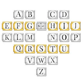 圆形金银底英文字母意大利模块手链 图片打印钛钢DIY拼接手环配件